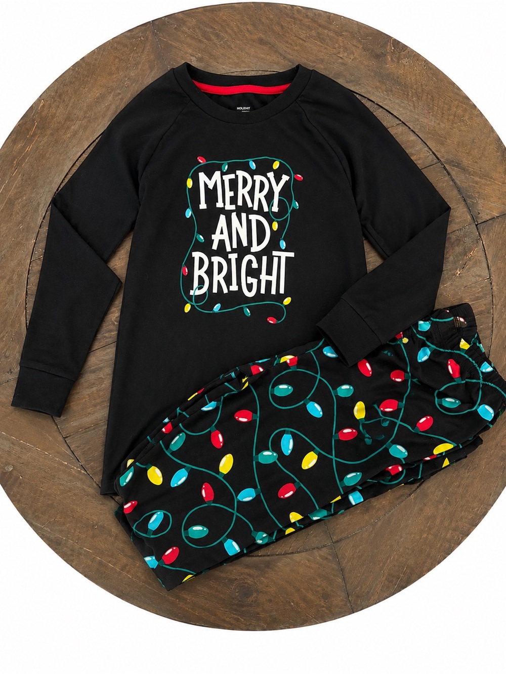 Holiday Time Black "Merry and Bright" Kids Pajama Set with Colorful Lights
